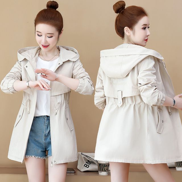 Sienne-Plain Hooded Drawstring Waist Zip Jacket