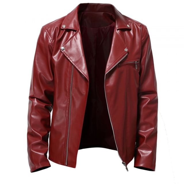 Aozora-Faux Leather Zip-Up Biker Jacket
