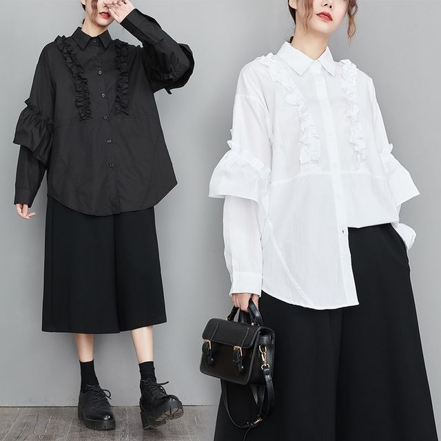 Lewwe-Long-Sleeve Plain Ruffle Trim Shirt