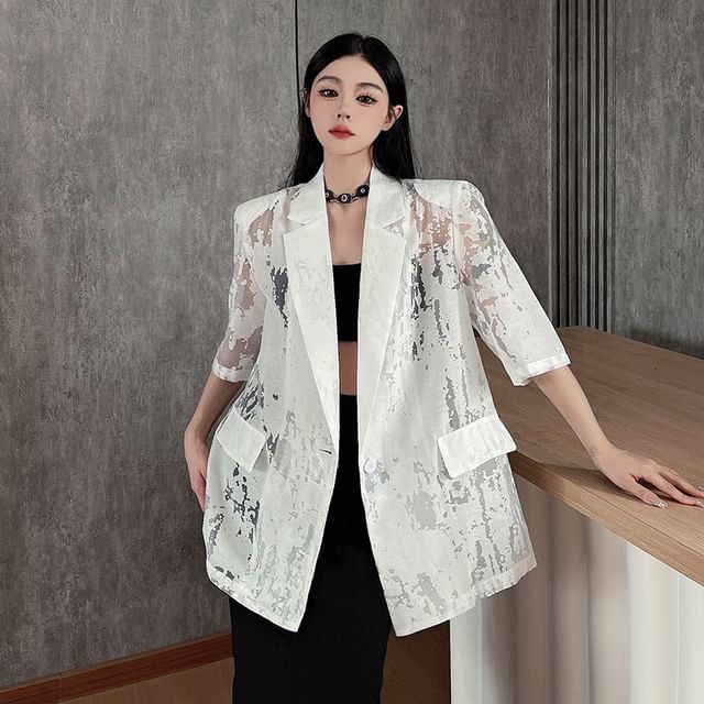 Shineon Studio-Elbow-Sleeve Print One Buttoned Blazer