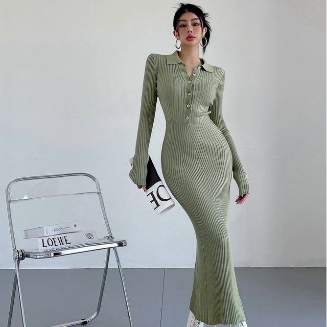 LIVIE - Long-Sleeve Collar Knit Midi Bodycon Dress | YesStyle
