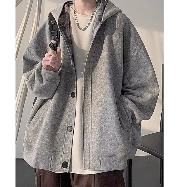 Real Boy-Hooded Plain Zip Button Jacket