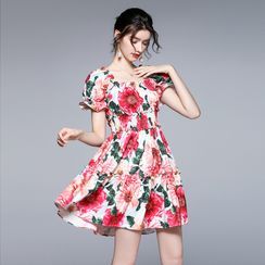 Staria - Short-Sleeve Floral Print Mini A-Line Dress