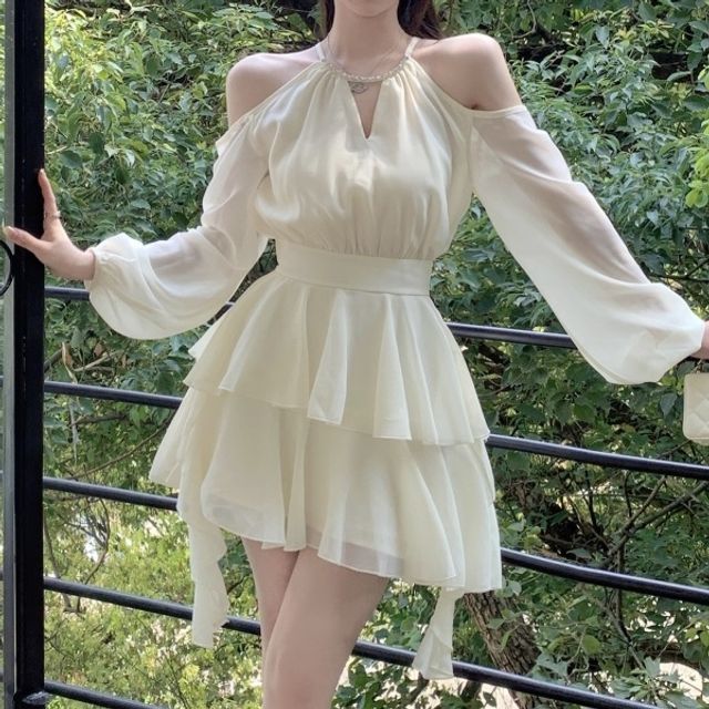 fitted lace wedding dress MissJophiel Puff Long Sleeves Floral Print Chiffon Mini Dress Floral Print / Floor Length / US10 main image 1
