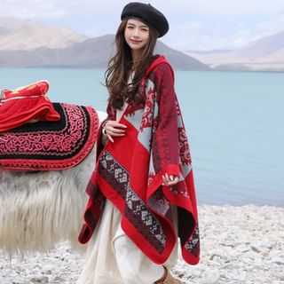 JVL Patterned Hooded Open Front Poncho Sale