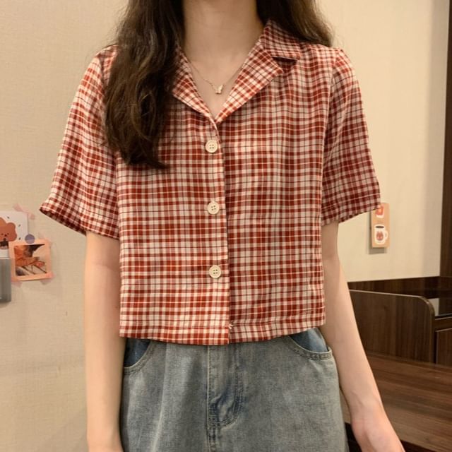Sisyphi-Short-Sleeve Plaid Crop Shirt