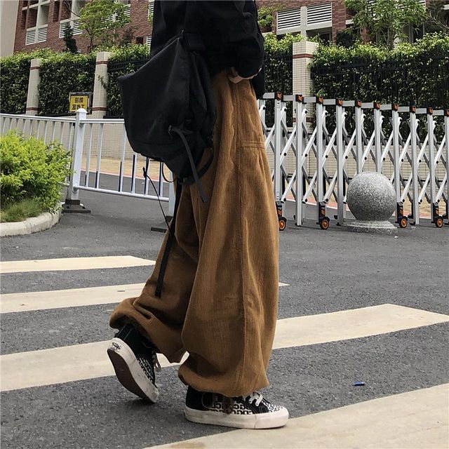 Shineon Studio-Mid Rise Plain Corduroy Harem Pants