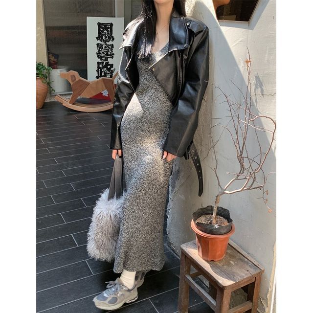 Strawolf - V-Neck Maxi Tank Dress / Faux-Leather Biker Jacket