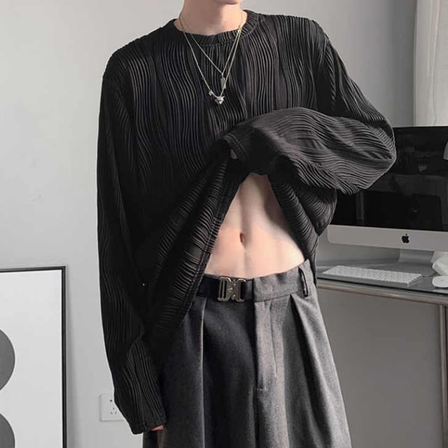 GRAYCIOUS-Long-Sleeve Crewneck Textured Plain Top