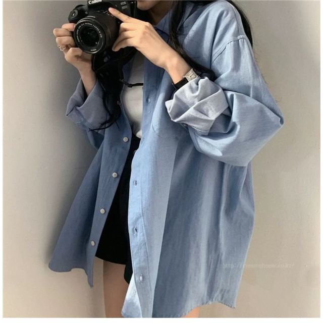 Happo-Long-Sleeve Button-Up Plain Shirt