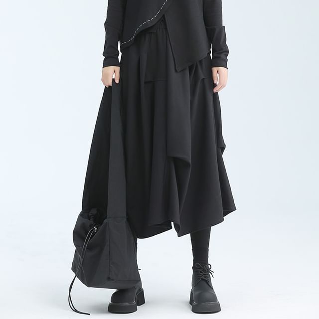SIMPLE BLACK-Elastic Waist Asymmetrical Woolen Skirt