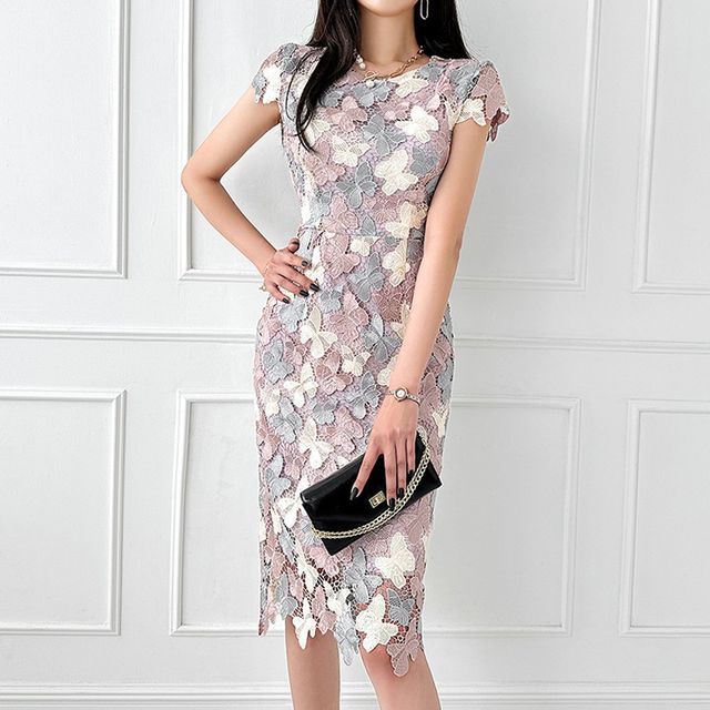 Yilda - Short-Sleeve Butterfly Applique Midi Lace Bodycon Dress | YesStyle