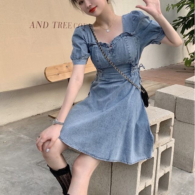 Pickxy - Short-Sleeve Denim Mini A-Line Dress | YesStyle