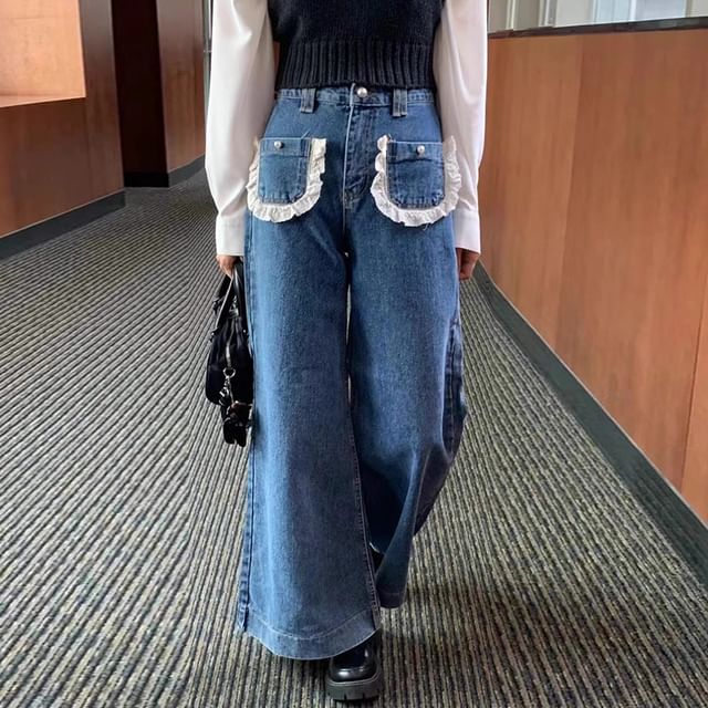 Coris-Mid Rise Lace Trim Flared Jeans