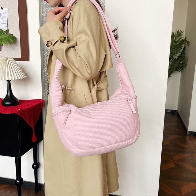 Hikuozy-Plain Corduroy Zip Shoulder Bag