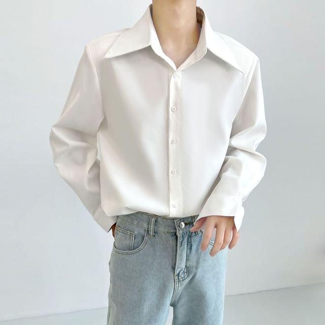DuckleBeam-Long Sleeve Collared Plain Button Shirt