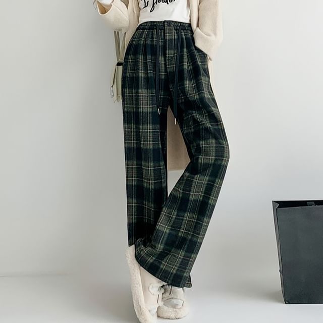 Magimomo Drawstring Waist Plaid Wide Leg Pants (Various Designs