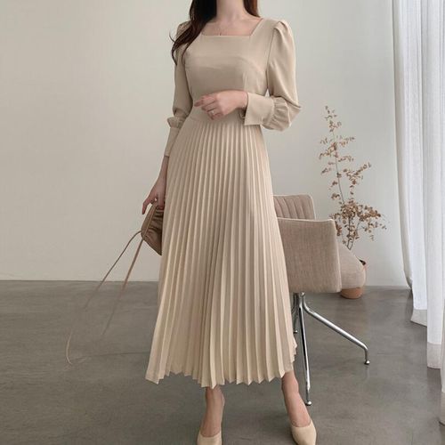 Long-Sleeve Pleated Midi A-Line Dress