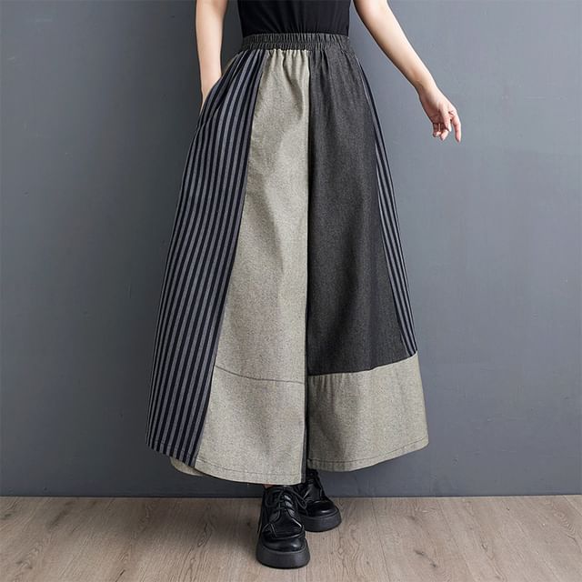 Lewwe-Elastic Waist Striped Patchwork Culottes