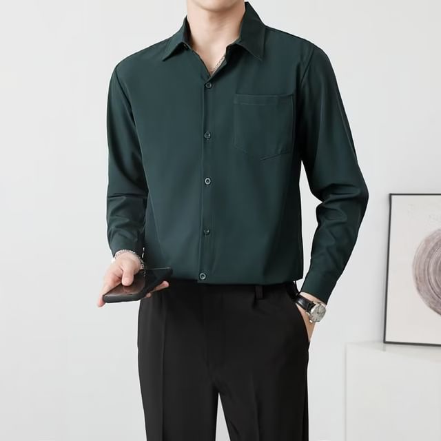 Maxelane-Long-Sleeve Plain Button-Up Shirt
