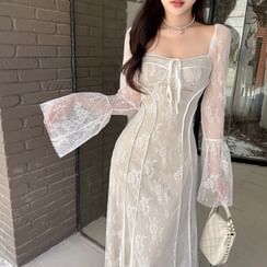 Wonhi - Short-Sleeve Lace Trim High Low Cocktail Dress