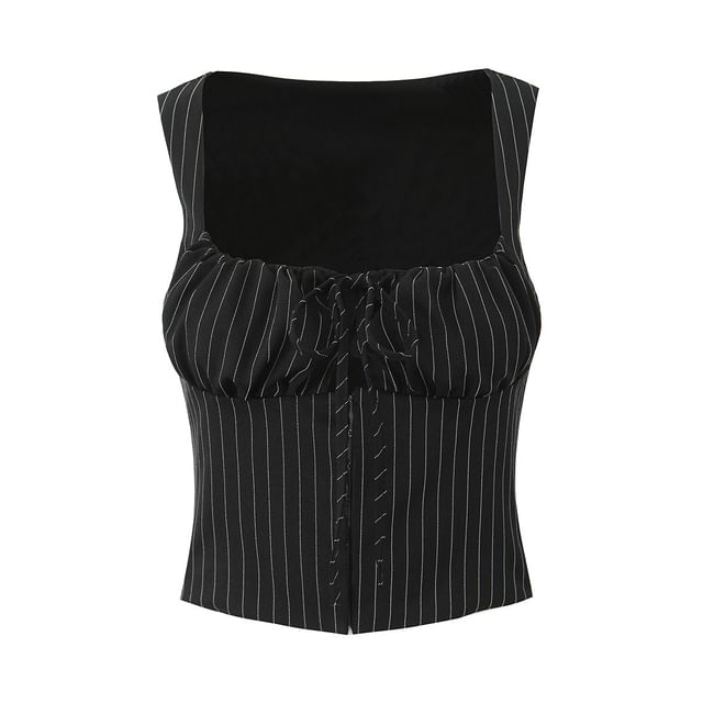 Asiris-Square Neck Striped Tie Front Hook And Eye Crop Vest