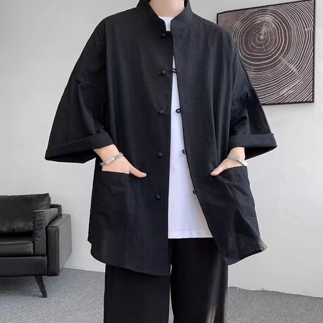fluffush-34-Sleeve Mandarin Collar Plain Shirt