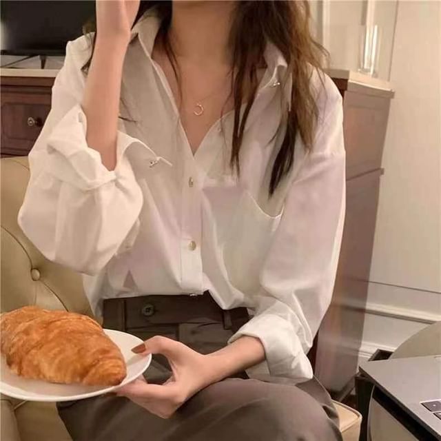 Everose-Long-Sleeve Plain Button-Up Shirt