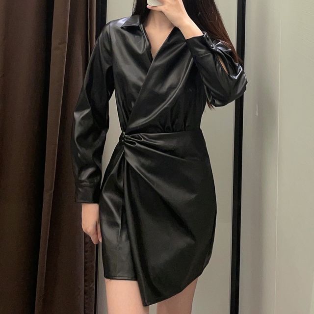 Demetras - Long-Sleeve Faux Leather Asymmetrical Mini Dress | YesStyle