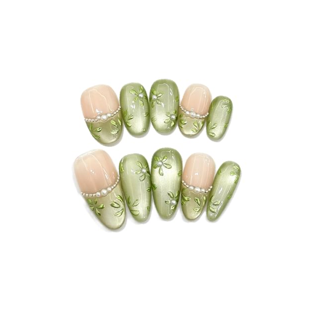 eovda-Floral Faux Pearl Cat Eye Almond Press On Nail - Faux ongles plusieurs modèles
