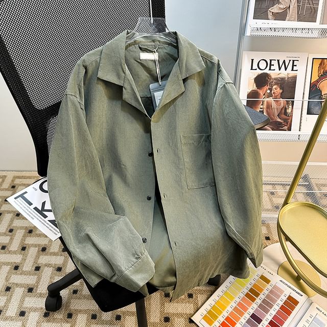 Whyessa-Long-Sleeve Lapel Collar Plain Button-Up Shirt