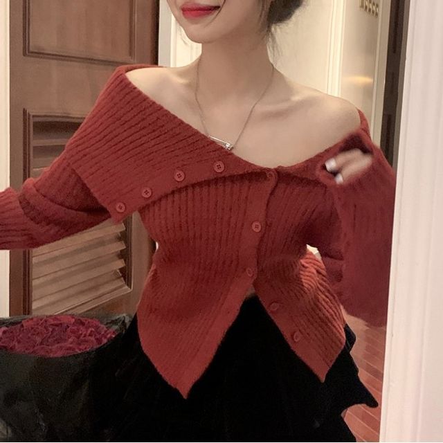 ánuans - Off shoulder Panel knit tops Off shoulder Panel knit tops[Red] – L'AUBE BLANC