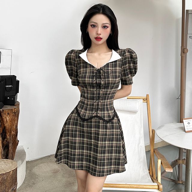 chinese dress ladies Tic Toc Danielle Plaid Lace-Up Corset Mini Dress  Cottage Core Babydoll Vibes Multi / S