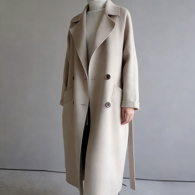Supernova-Lapel Collar Plain Tie Waist Double-Breasted Long Trench Coat