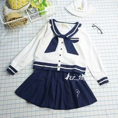 Angel Love - Set: Striped Sailor Collar Long Sleeve Top + A-Line Skirt