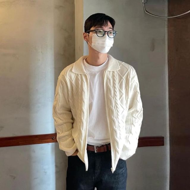 DragonRoad-Collared Plain Cable Knit Zip-Up Cardigan