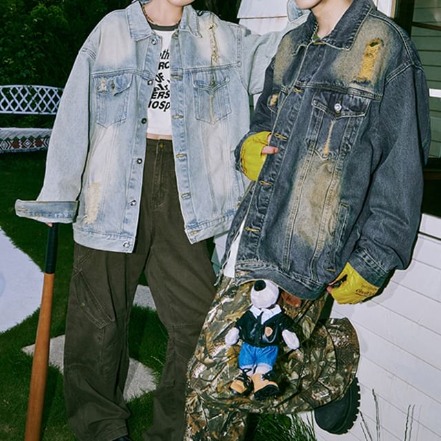 JUN-LEE-Couple Matching Collared Washed Distressed Button-Up Denim Jacket