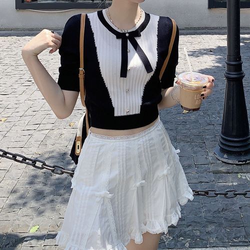 Dute - Short-Sleeve Round Neck Bow Button Knit Top / High Waist