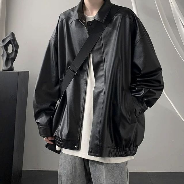 WidoWilder-Collar Plain Faux Leather Zip Jacket