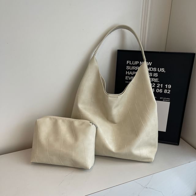 KOCORE-Set Plain Faux Leather Tote Bag Pouch