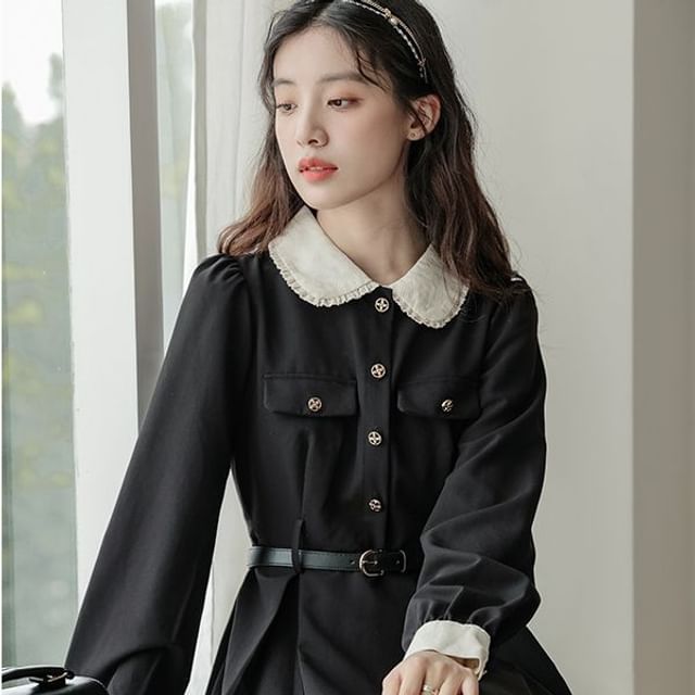 Cotton Henley Midi Dress Sansweet Long-Sleeve Henley Two Tone Midi