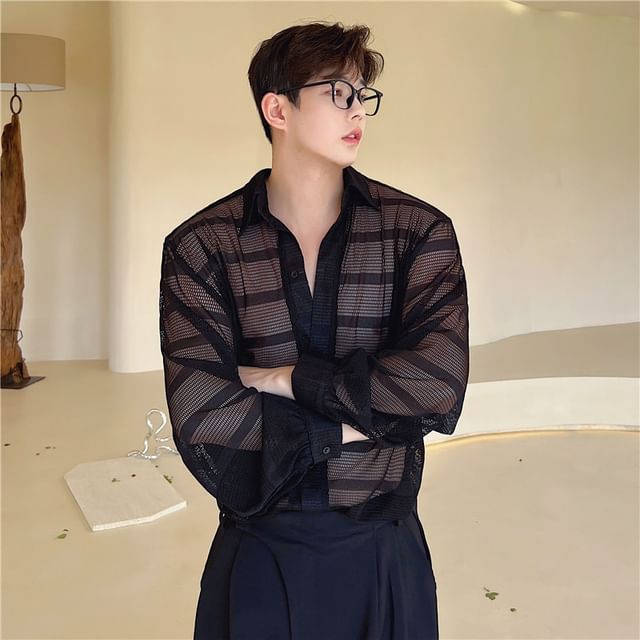 Omozando-Long Sleeve Collared Striped Mesh Shirt