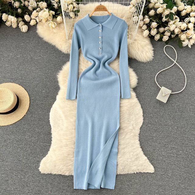 Lucuna - Long-Sleeve Plain Knit Maxi Bodycon Polo Dress | YesStyle