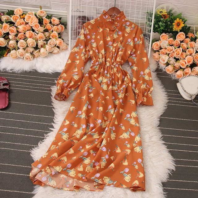 Knutsford LongSleeve Floral Frill Trim Midi ALine Dress YesStyle