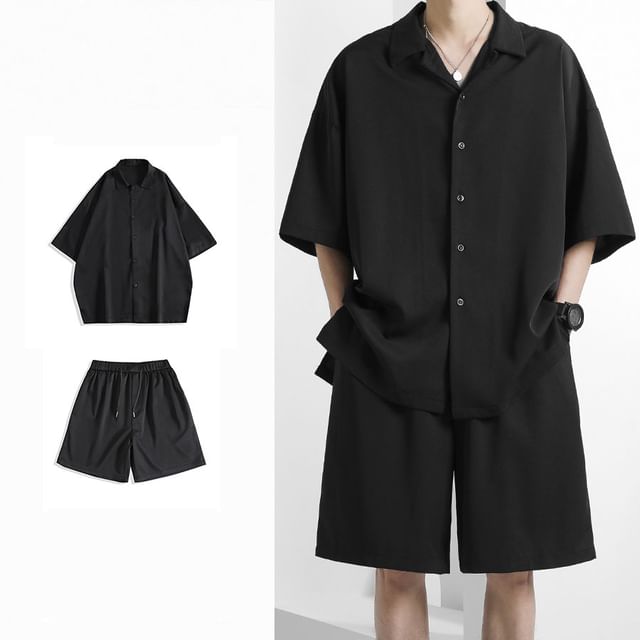 Adothuiastic-Elbow-Sleeve Plain Shirt Drawstring Waist Shorts Set
