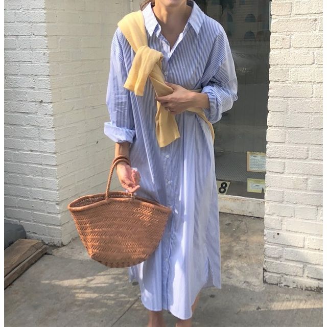 Inchioh - Long-Sleeve Striped Midi Shirt Dress | YesStyle Inchioh - Long-Sleeve Striped Midi Shirt Dress | YesStyle