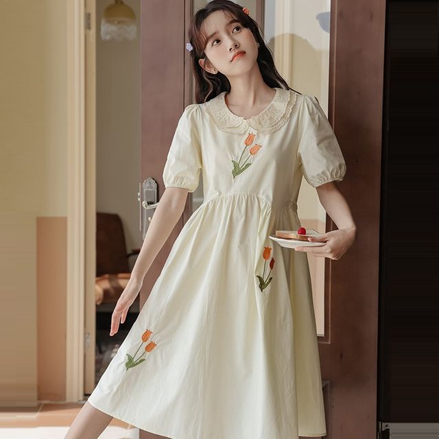 Girl's Embroidered Floral Dress - Cotton Heirloom Lace Collar Puff Sleeve Clothing