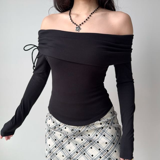 Sinora-Off-Shoulder Long-Sleeve Plain Drawstring Tee