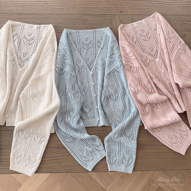 Glotto-V-Neck Plain Button-Up Pointelle Knit Cardigan