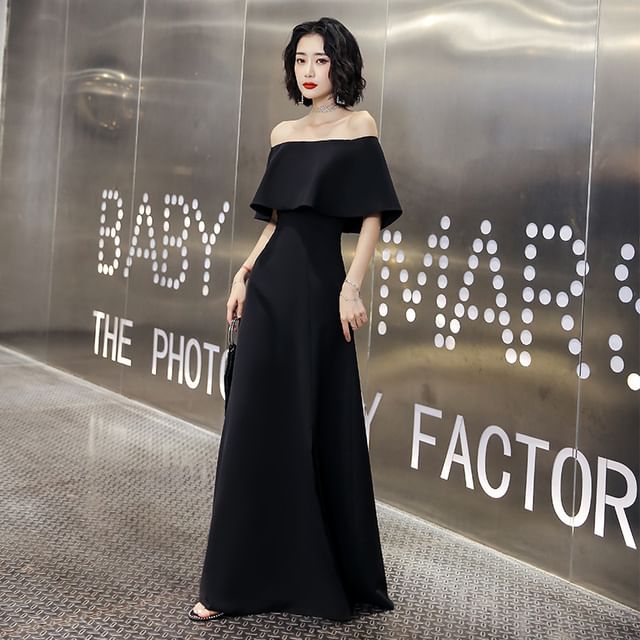 DreesHouse-Off-Shoulder Plain A-Line Evening Gown